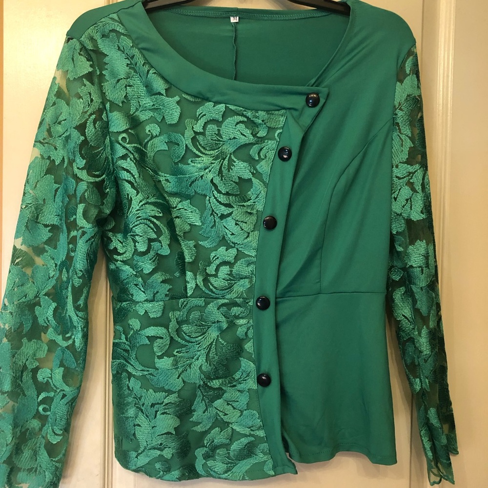 2 PCS Women Blazer Suit Green Jacket Skirt Size M